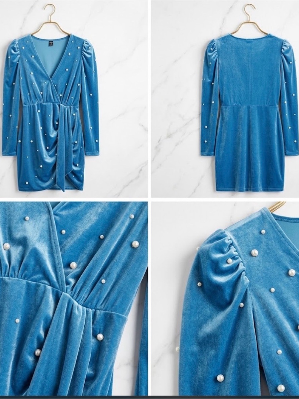 SHEIN Blue Velvet Pearl-Embellished Midi Dress